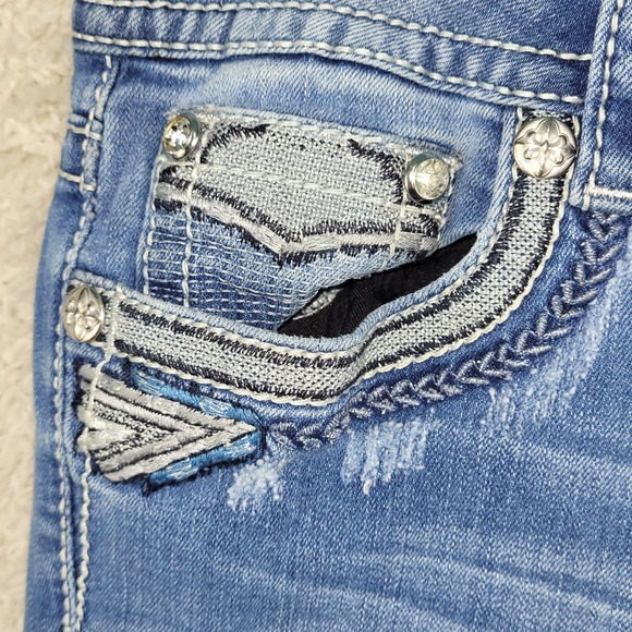 Miss Me Jeans Women's Size 31x30 Blue Skinny Embellished Aztec Flap Pockets - Picture 12 of 16